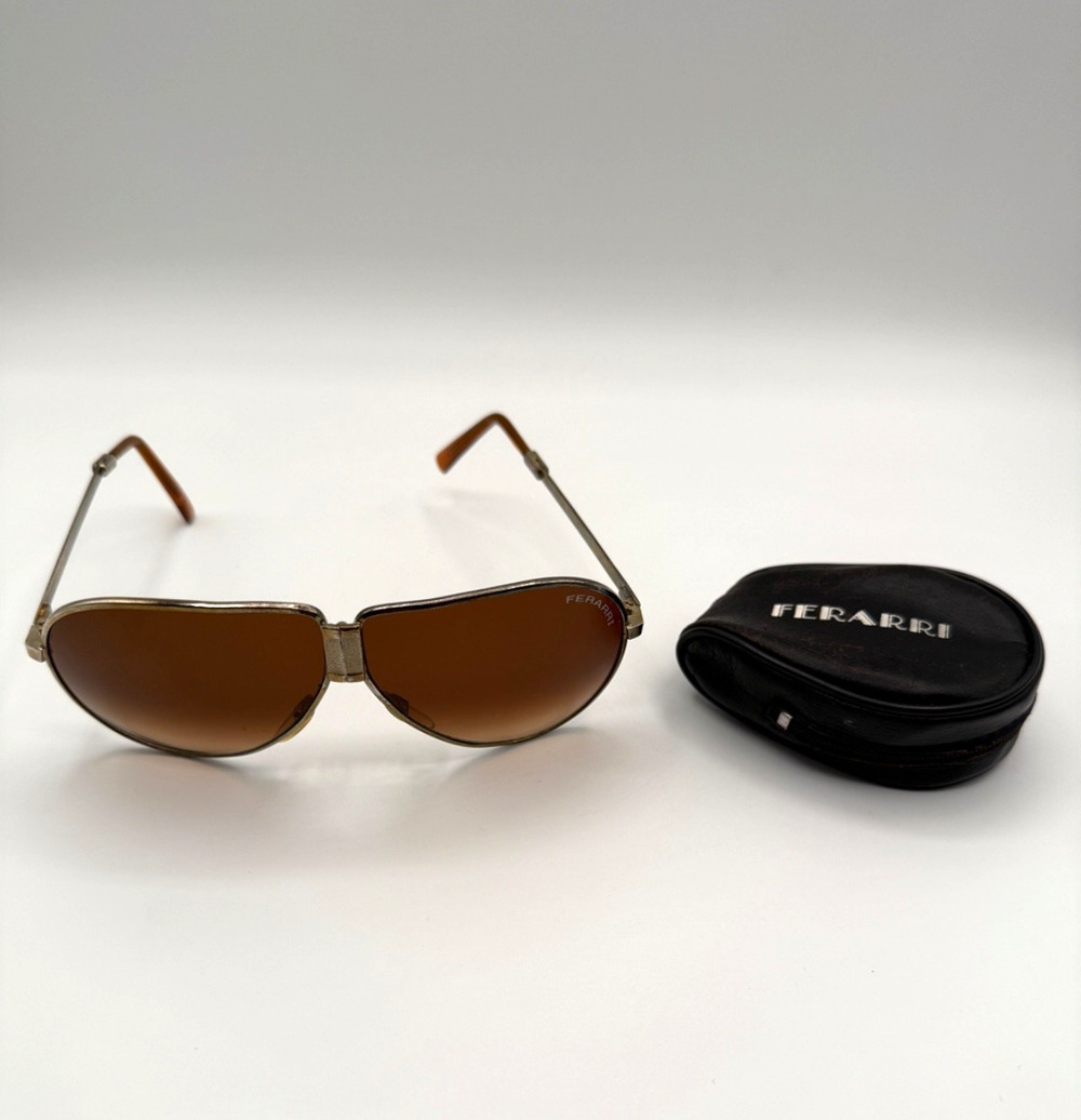 Vintage Ferrari Aviator Sunglasses Brown Gradient Lenses w/ Case Foldable